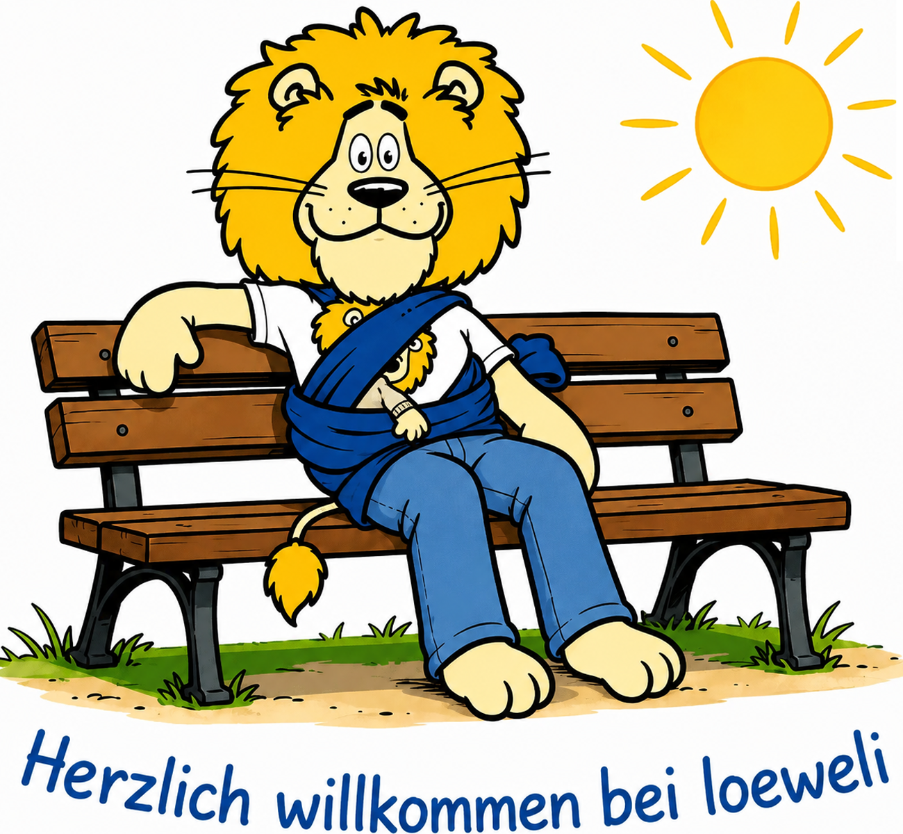 der loeweli Löwe sitzt mit seinem Baby auf einer Bank