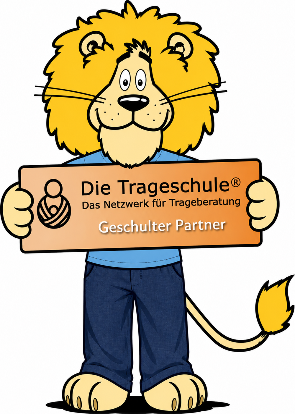 loeweli zeigt schild geschulter partner der Trageschule Dresden
